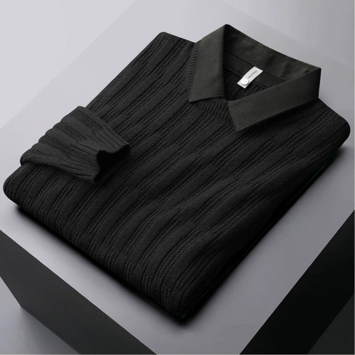 Close-up of men's ribbed knit polo collar sweater, showing texture and classic design detail.