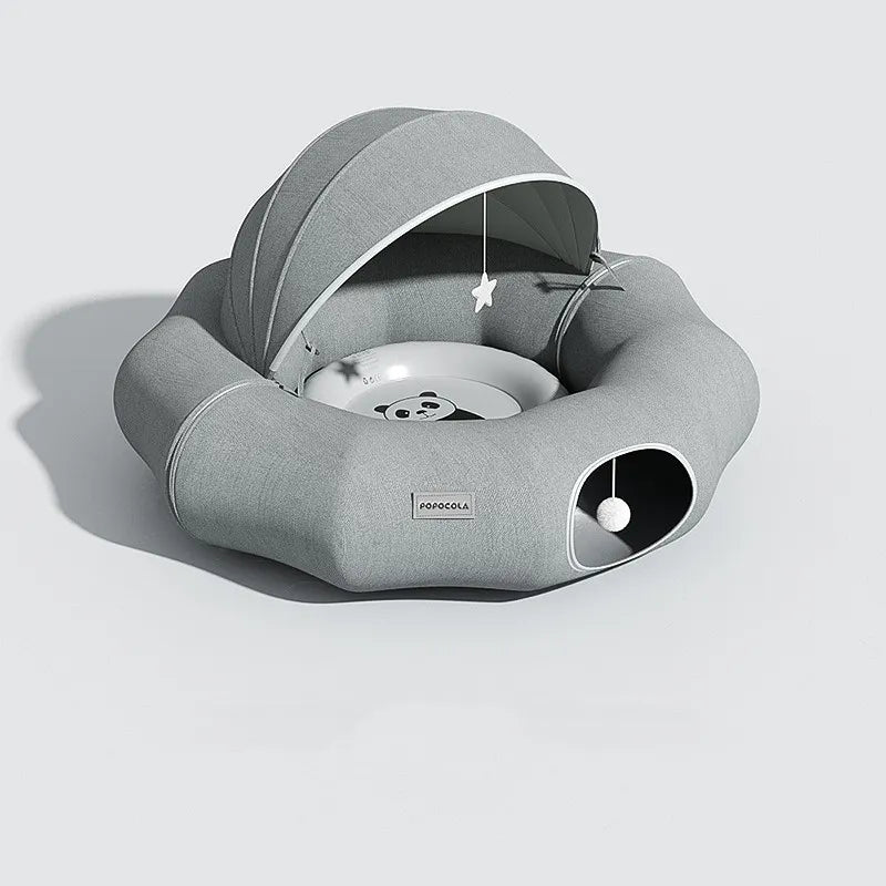 Soft, cozy pet bed for cats & small dogs, featuring a removable roof & integrated play toy. Ultimate pet comfort.