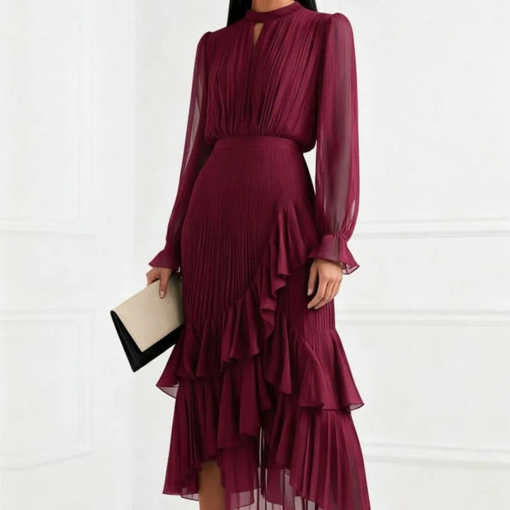 Flattering women's pleated flowy midi dress, perfect for elegant occasion wear.