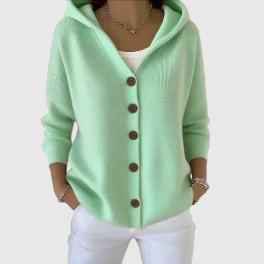 Elegant women's hooded button-down cardigan in soft knit, perfect for stylish layering & casual chic outfits.