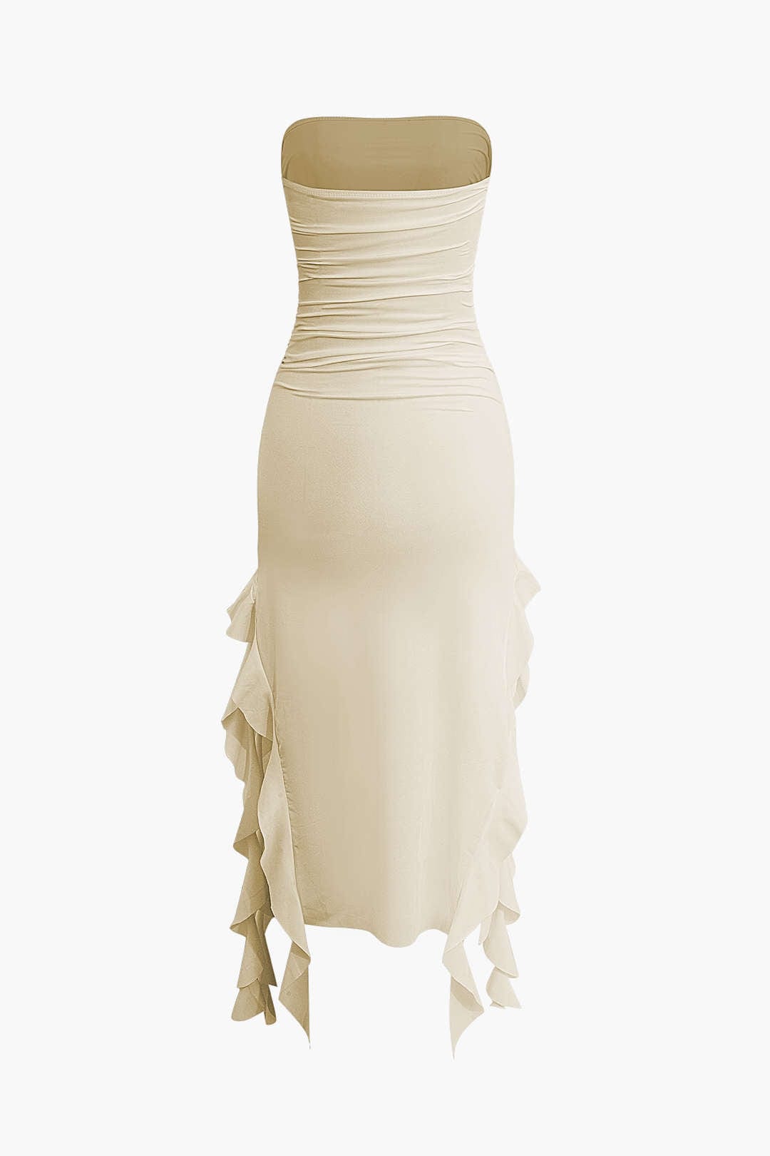 Fashionable strapless bodycon midi dress with a dynamic fringe hem, ideal for special occasions.