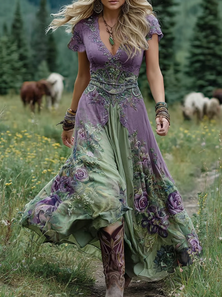 Women's vintage floral maxi dress with a flowing silhouette, perfect for elegant summer occasions.