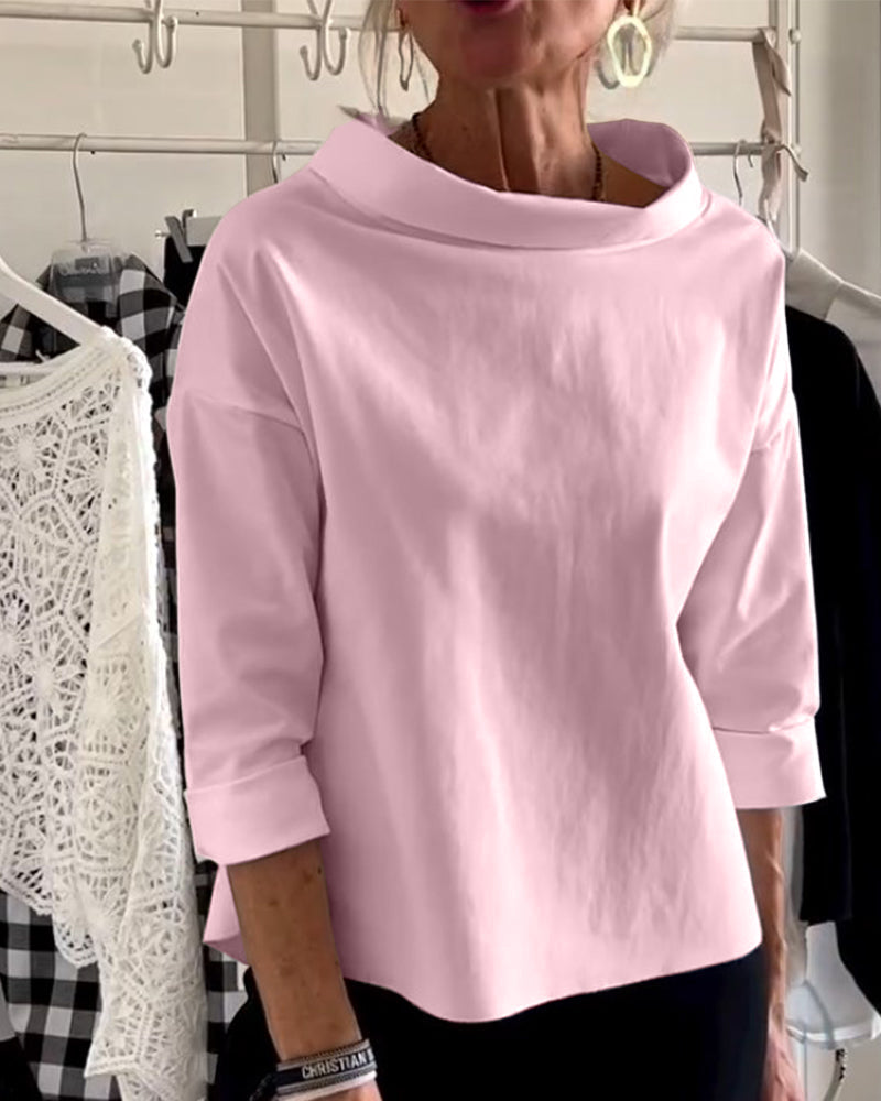 Spring style women's elegant blouse with 3/4 sleeves, comfortable collared top for casual chic.