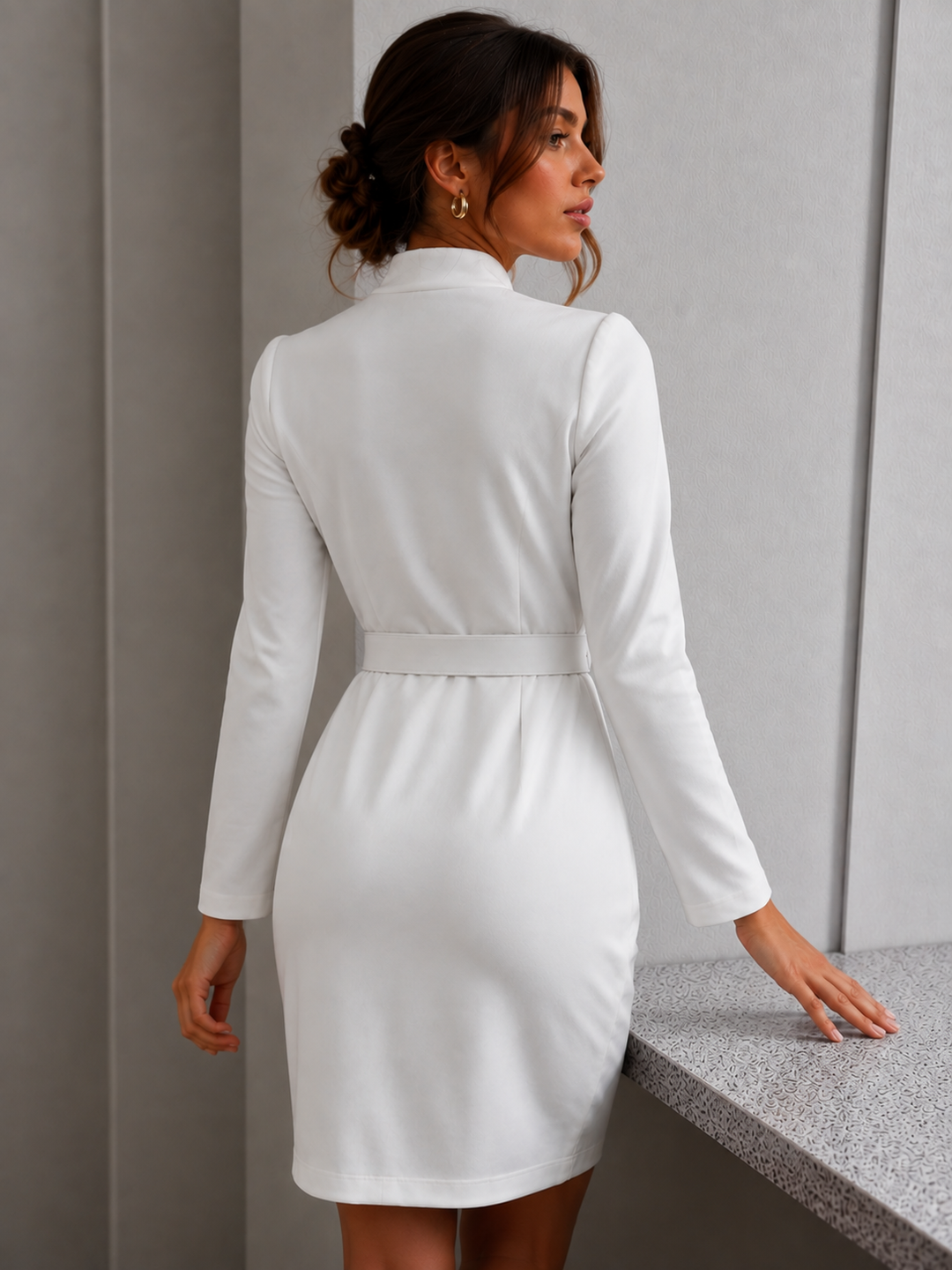 Sophisticated white V-neck midi dress for women, a chic & elegant choice with a belted waist & pleated skirt for any occasion.
