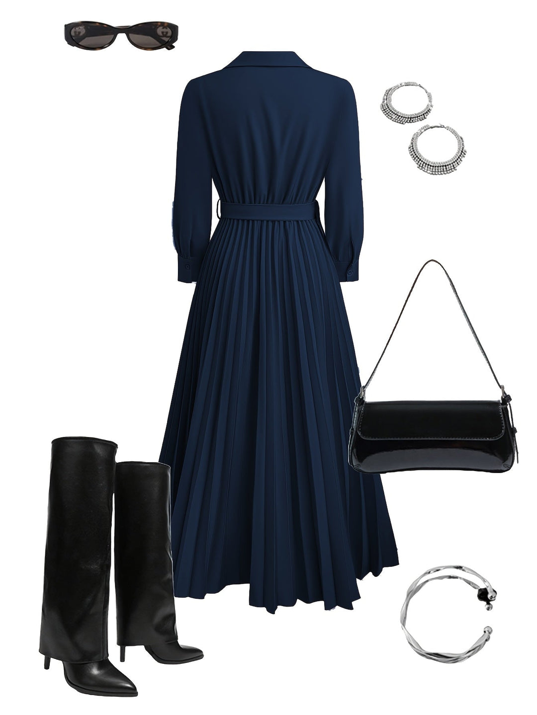 Elegant women's long sleeve midi dress with a V-neck and delicate pleats. Sophisticated & flattering.