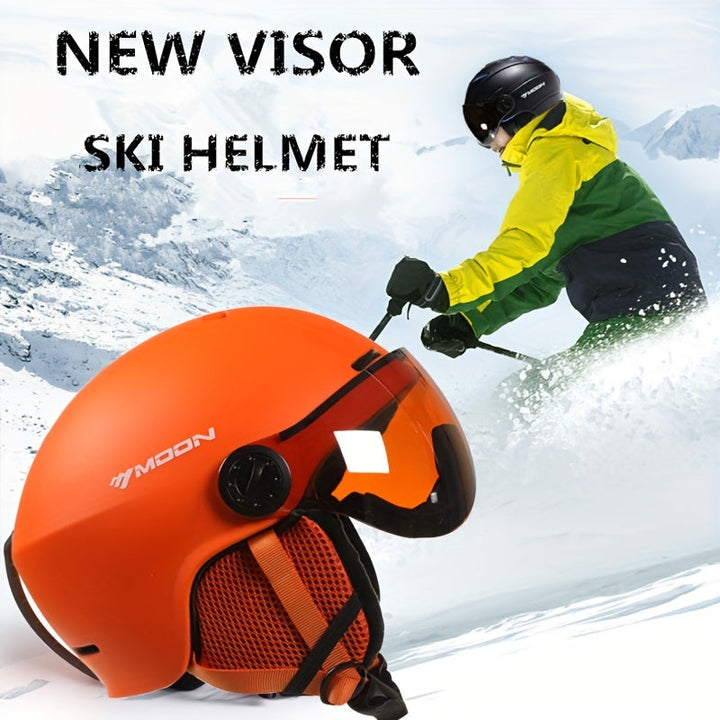 Snowboarder with a sleek unisex safety helmet. Comfortable, adjustable head protection for outdoor fun.