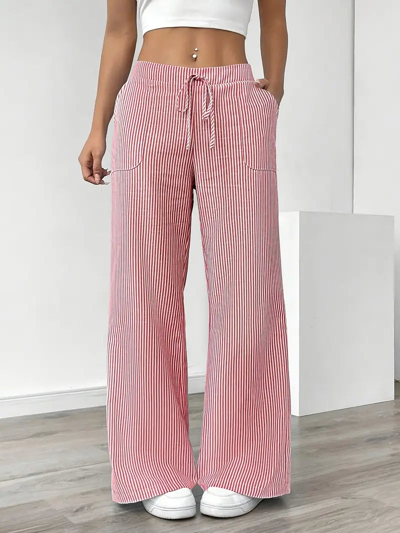Stylish women's wide leg striped pants, comfortable & versatile for summer.