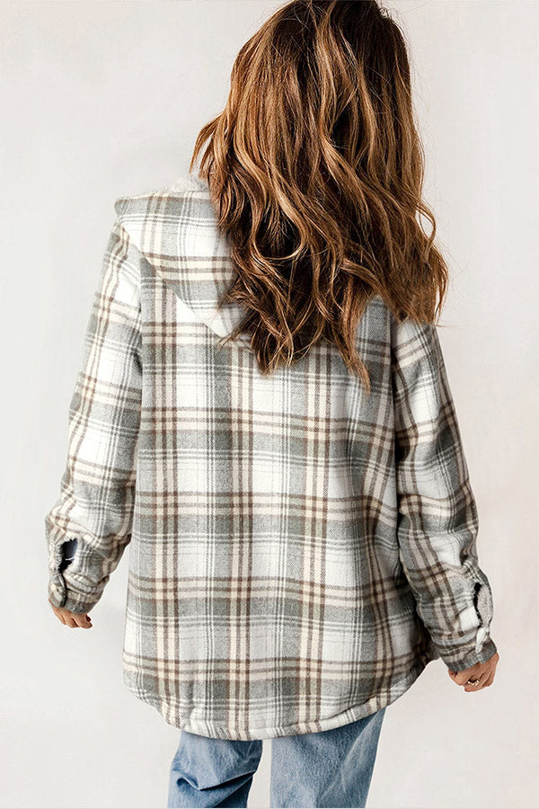 Stylish women's plaid hooded jacket, button-front, offering warmth & comfort for winter.