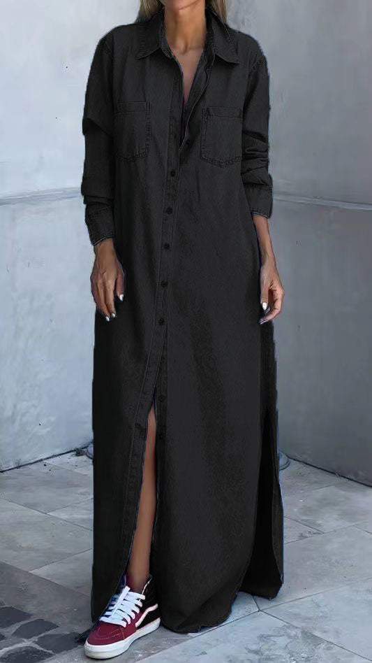 Black women's long sleeve lapel shirt dress. Elegant, relaxed fit for everyday comfort & workwear style.