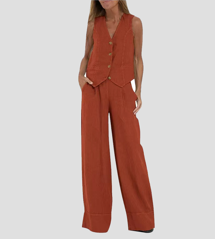 Women's sleeveless V-neck top from the elegant two-piece wide-leg trouser set. Fashionable clothing.