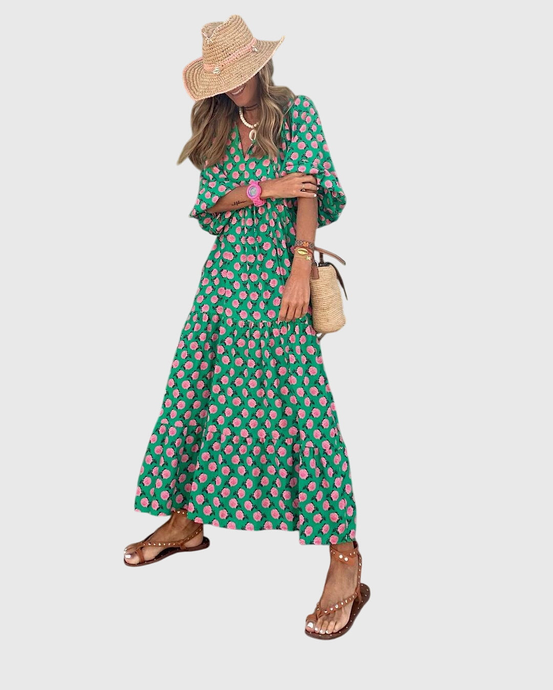 Versatile Bohemian flowy maxi dress for women, offering elegant comfort for summer, holidays, or resort.