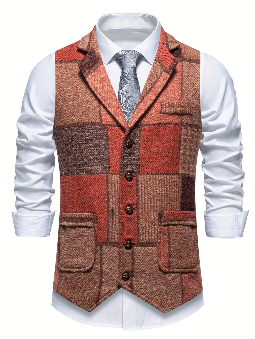 Versatile men's patchwork herringbone vest, single-breasted, enhancing formal attire or smart casual looks.