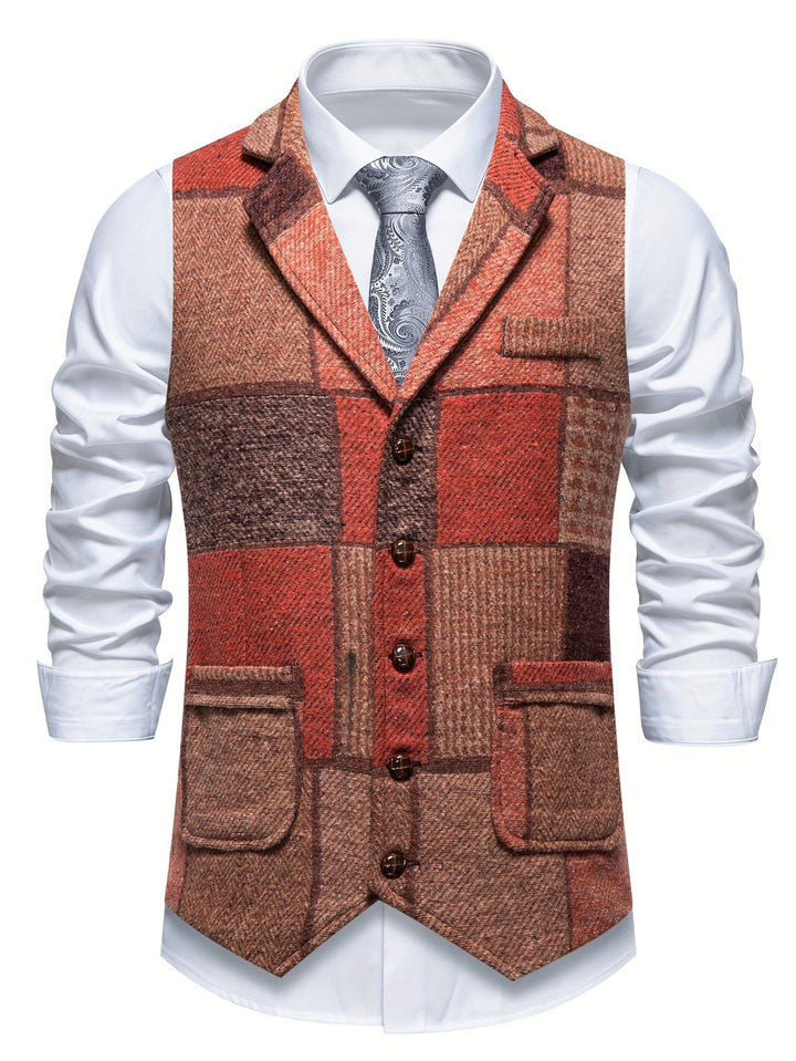 Versatile men's patchwork herringbone vest, single-breasted, enhancing formal attire or smart casual looks.