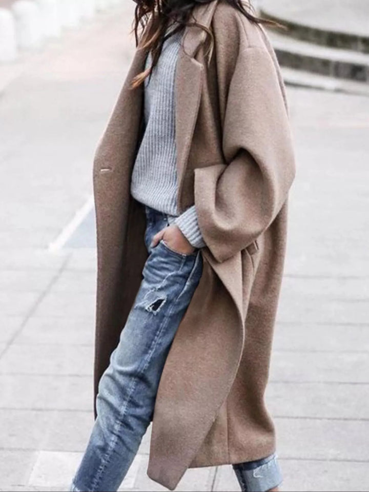 Women's oversized long winter coat in khaki, perfect for comfort & stylish cold-weather outerwear.