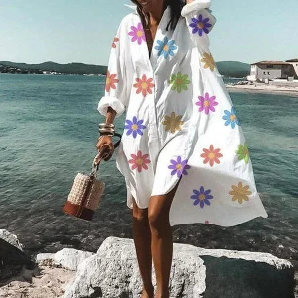 Elegant women's casual midi shirt dress with polo neckline, perfect for spring/summer comfort.