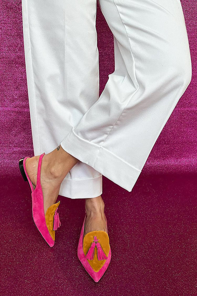 Comfortable colorful fringe ballerina flats for women. Stylish casual footwear with ankle strap for everyday wear.