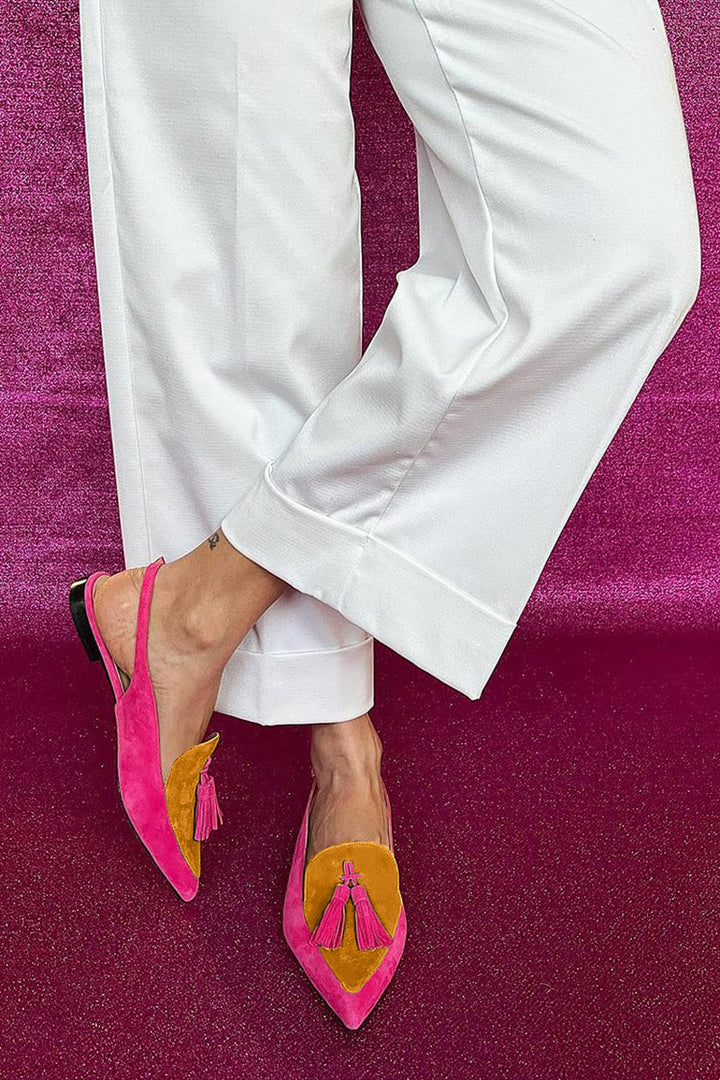 Comfortable colorful fringe ballerina flats for women. Stylish casual footwear with ankle strap for everyday wear.