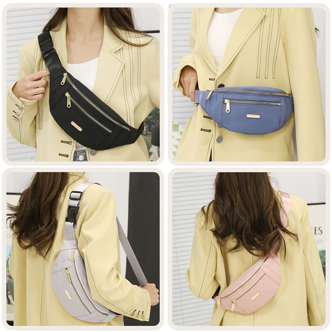 Compact women's lightweight shoulder bag, adjustable strap, multi-zip pockets for convenience.