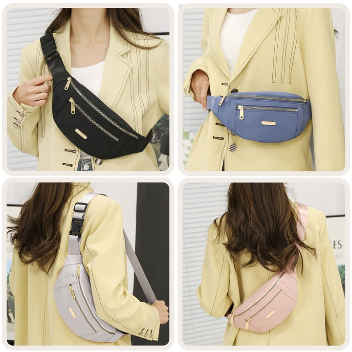 Compact women's lightweight shoulder bag, adjustable strap, multi-zip pockets for convenience.