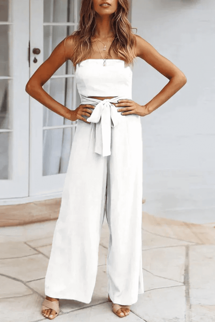 Women's Strapless Wide Leg Jumpsuit with Tie Waist