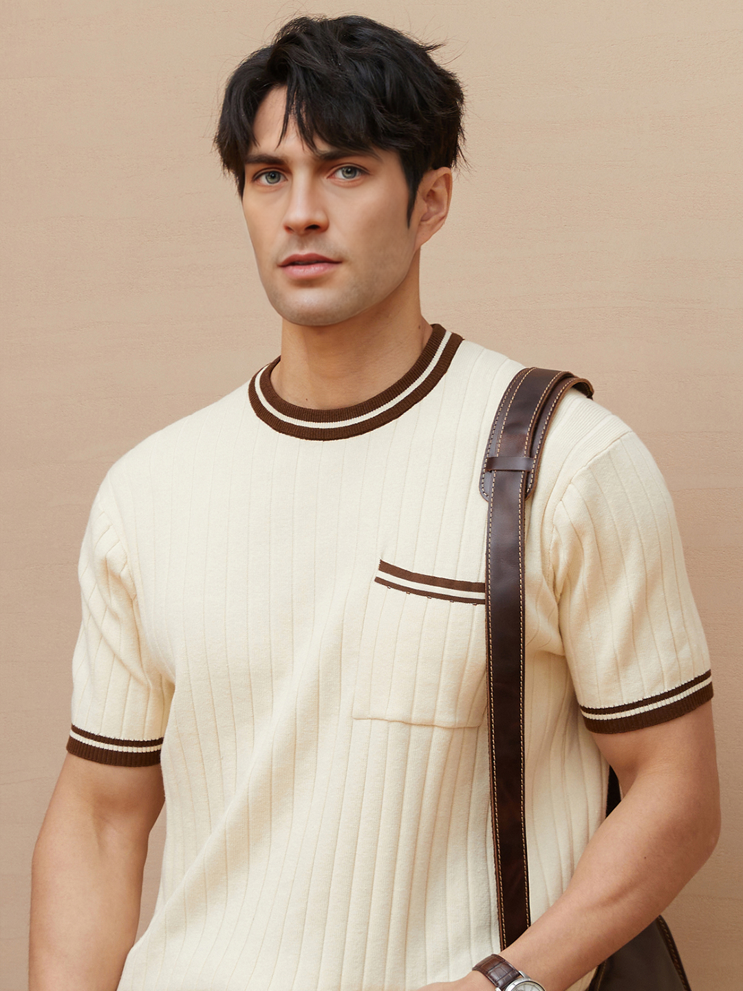 Comfortable ribbed knit men's polo, short sleeve, classic fit, with a neat striped collar trim.