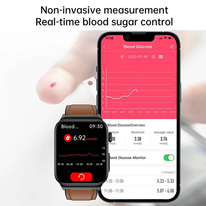 ECG Smart Watch for men and women, large HD touch screen, black band, health monitoring sensors visible on front.