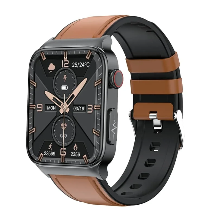 ECG Smart Watch for men and women, large HD touch screen, black band, health monitoring sensors visible on front.