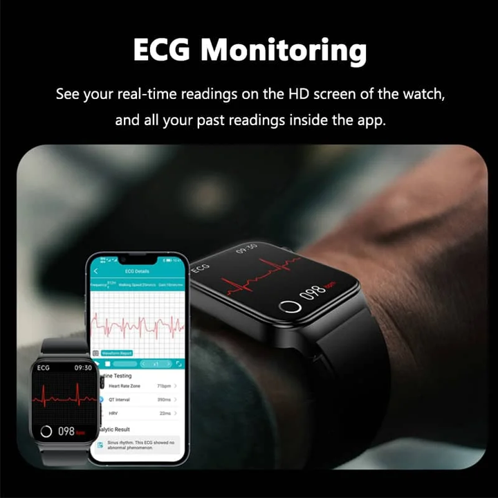 ECG Smart Watch for men and women, large HD touch screen, black band, health monitoring sensors visible on front.