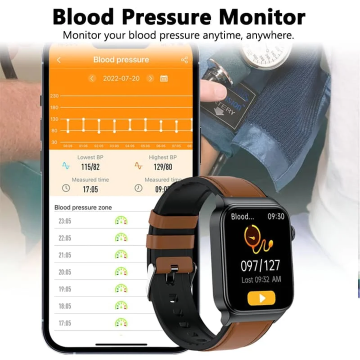 ECG Smart Watch for men and women, large HD touch screen, black band, health monitoring sensors visible on front.