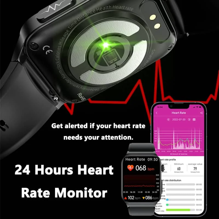 ECG Smart Watch for men and women, large HD touch screen, black band, health monitoring sensors visible on front.