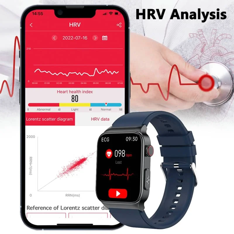 ECG Smart Watch for men and women, large HD touch screen, black band, health monitoring sensors visible on front.