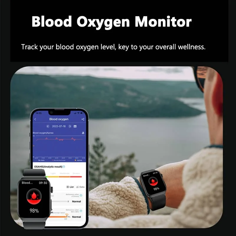 ECG Smart Watch for men and women, large HD touch screen, black band, health monitoring sensors visible on front.