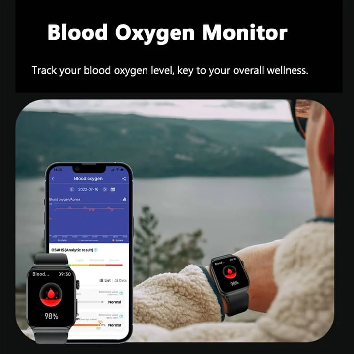 ECG Smart Watch for men and women, large HD touch screen, black band, health monitoring sensors visible on front.