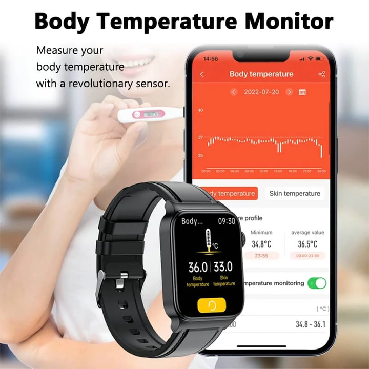 ECG Smart Watch for men and women, large HD touch screen, black band, health monitoring sensors visible on front.