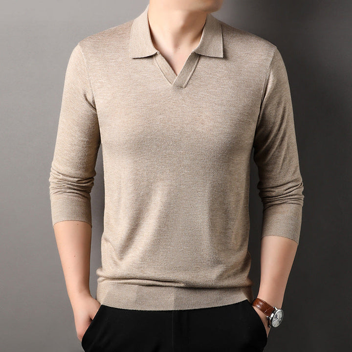 Stylish men's beige long sleeve V-neck polo with ribbed trim. Perfect comfortable top for casual men's fashion.