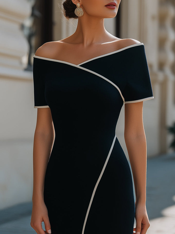 Formal black off-shoulder sheath dress for women, ideal for evening events, weddings, & elegant occasions.