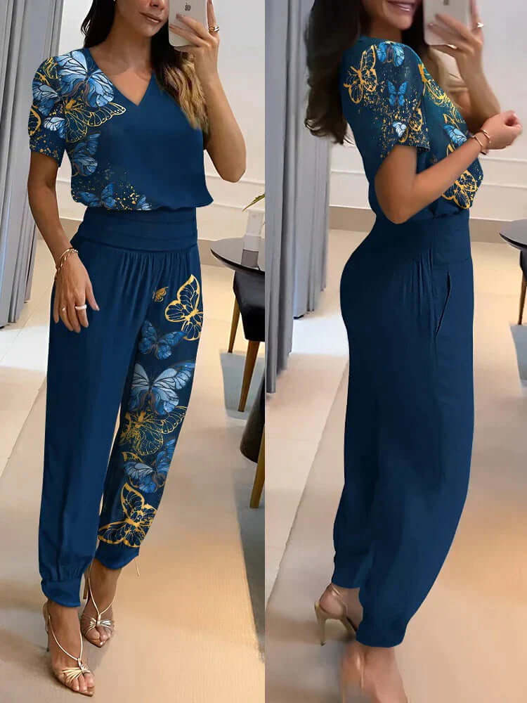 Women's  V-Neck Top & Elastic Waist Pants