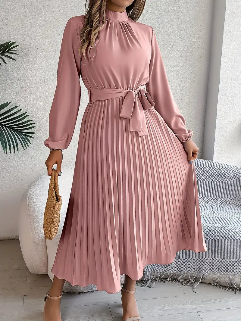Classic women's event dress: elegant long-sleeve belted midi design.