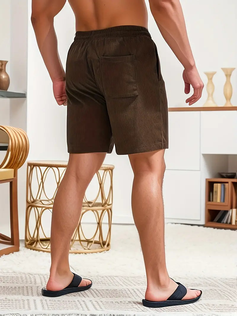Yellow men's ribbed elastic waist pool shorts, quick-drying comfort for a fun day by the water.