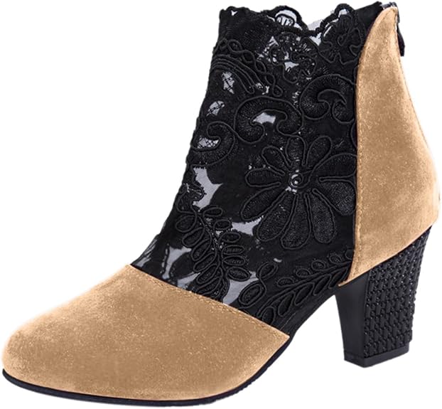 Elegant women's ankle boots with intricate lace embroidery and a comfortable block heel, studio product shot.