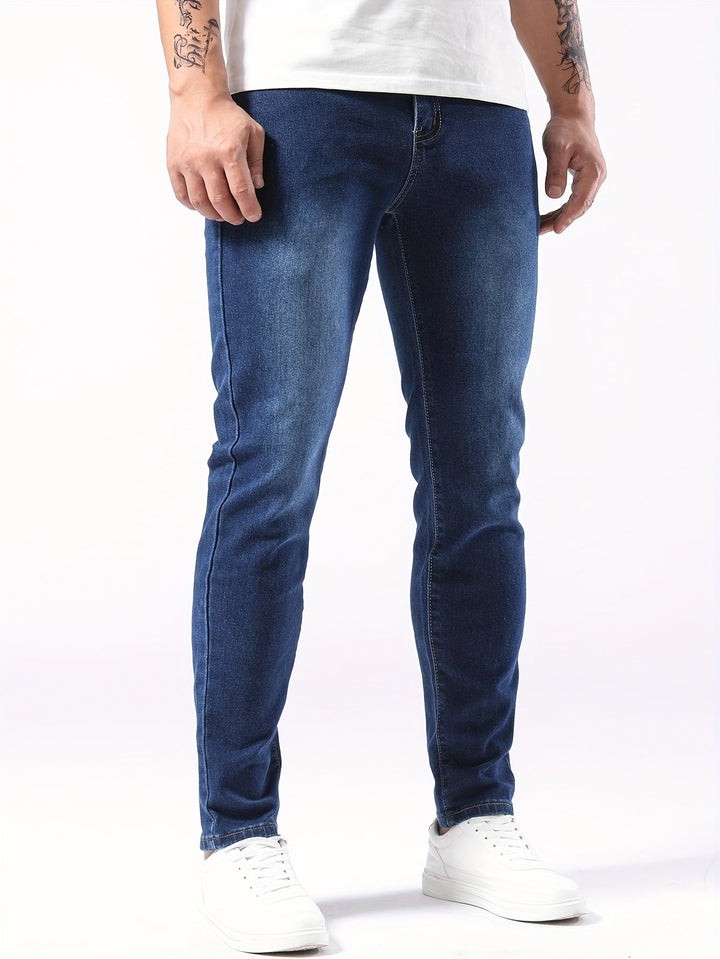 Versatile new men's casual stretch jeans in a modern slim fit, great for everyday fashion.