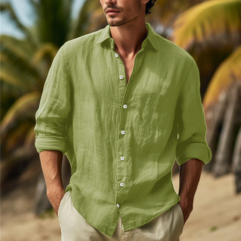 Versatile men's green long sleeve button-down casual shirt. Ideal for smart everyday fashion.