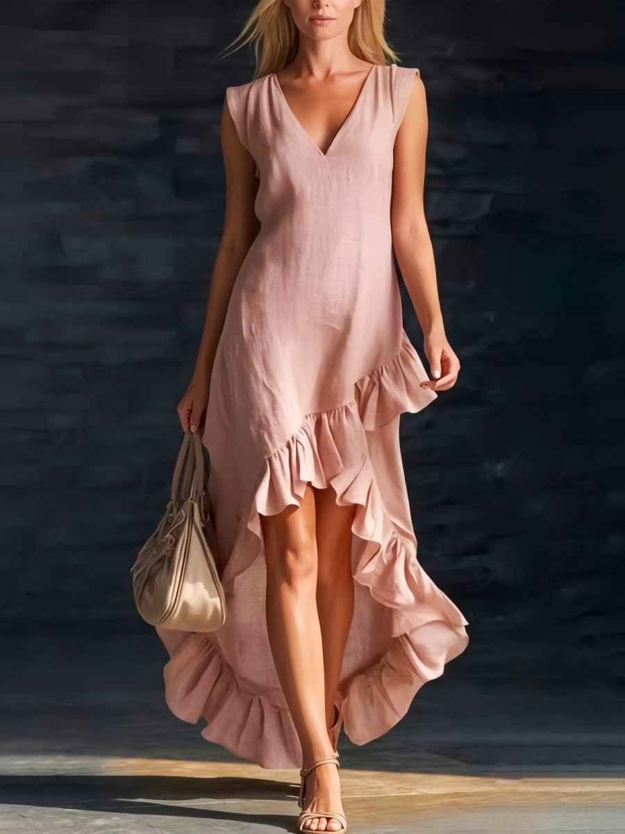 Women's ruffle high-low boho dress with a V-neck, perfect for effortless summer style & vacation wear.