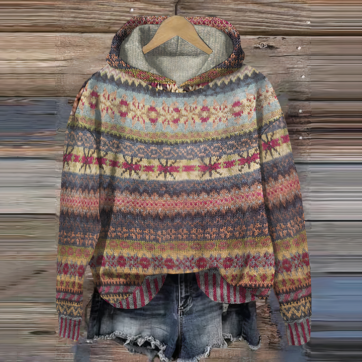 Women's cozy relaxed fit hoodie with unique 3D Fair Isle print. Perfect pullover for fall and winter comfort.