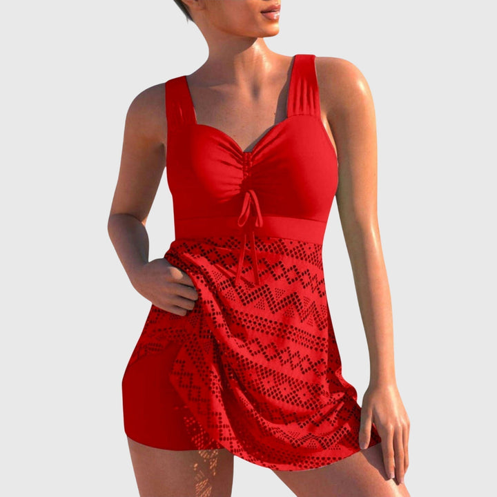 Modest two-piece swim skirt set for women, featuring a beautiful rose pattern. Comfortable swimwear for summer & resort.