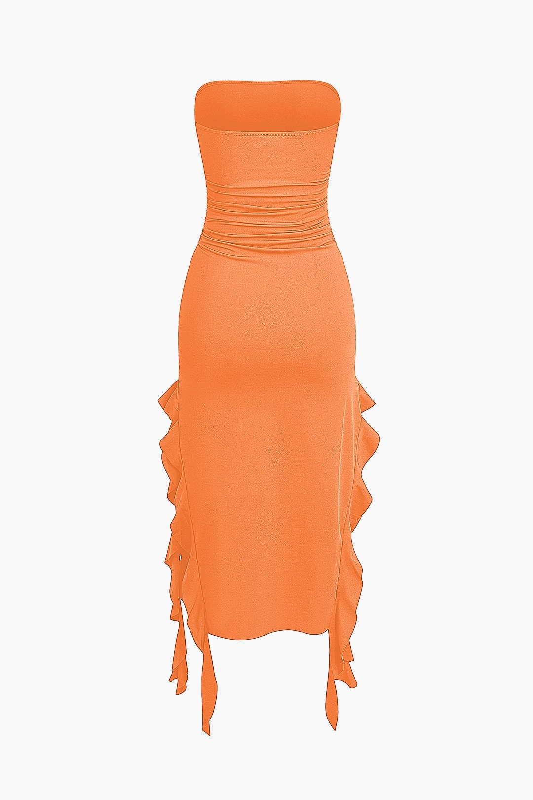 Women's sleek strapless bodycon midi dress, elegant fringe hem adds a touch of flair.