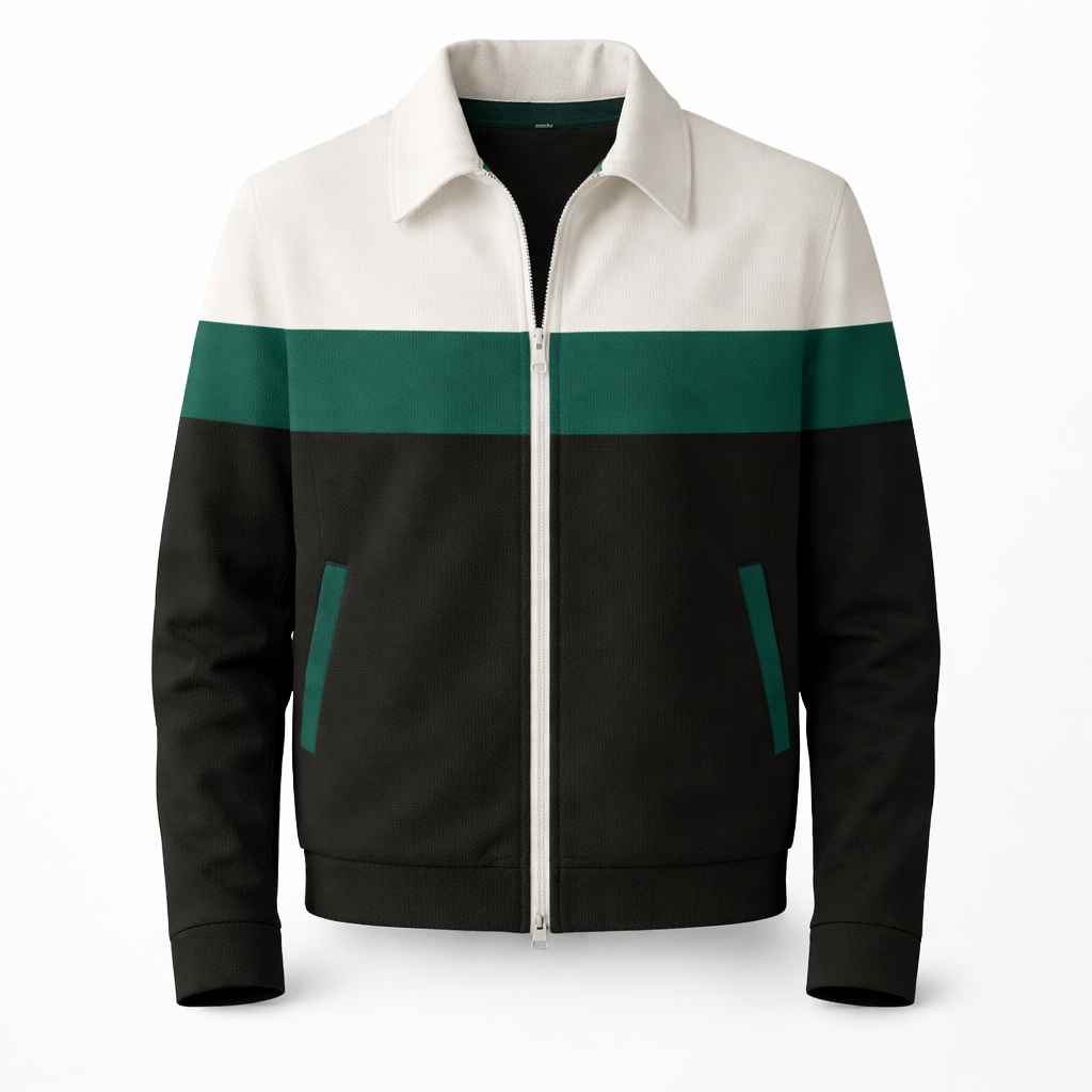 Men's trendy colourblock zip jacket, a comfortable and stylish layering piece for modern casual & streetwear looks.