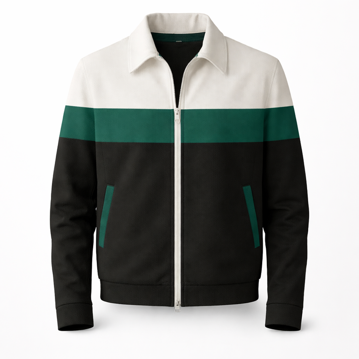 Men's trendy colourblock zip jacket, a comfortable and stylish layering piece for modern casual & streetwear looks.
