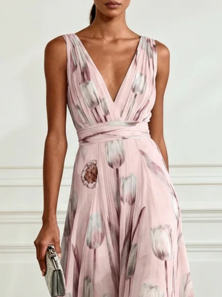 Breezy summer A-line maxi dress for women, V-neck, charming tulip print, comfortable & stylish.