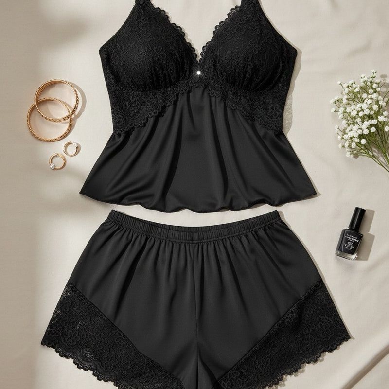 Relaxing women's lace trim loungewear set with shorts for comfortable evenings.
